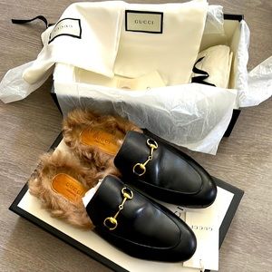 Gucci Princetown fur leather slipper, Gucci mule
